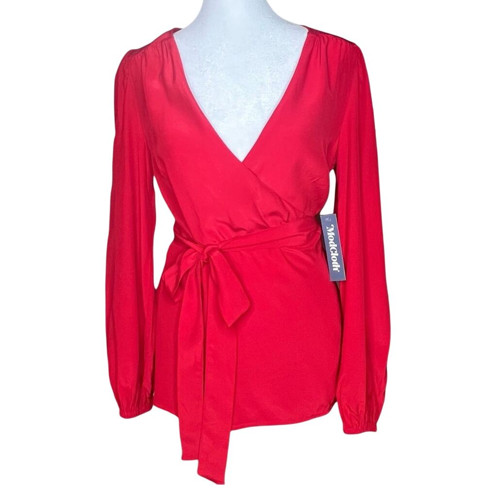 ModCloth Cherry Red Surplice Wrap Blouse S NWT Balloon Sleeve Retro Vamp Goth